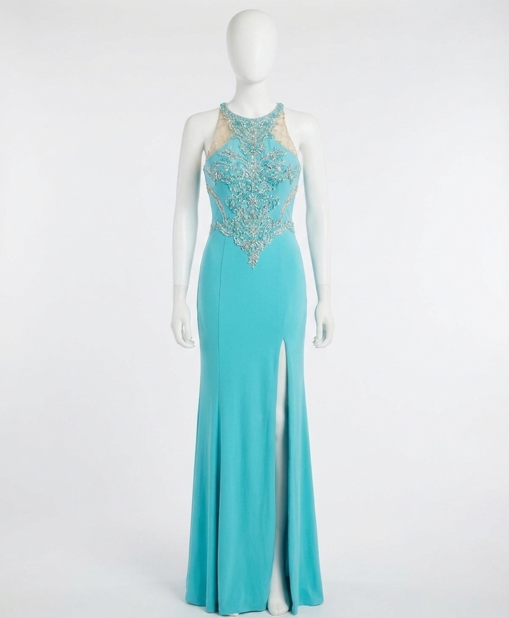 NEW RACHEL ALLAN beaded jersey gown with high slit in aqua green